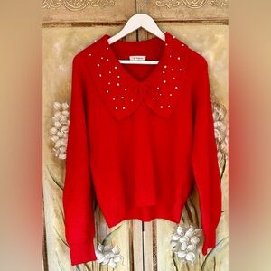 Chic Calligraphie Red Sweater Pearl Collar